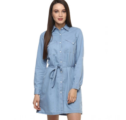Women's Denim Solid Long Sleeves Above Knee Dress (Blue)
