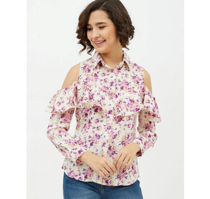 Women's Polyester Floral Cold Shoulder Standard Length Shirt (White)