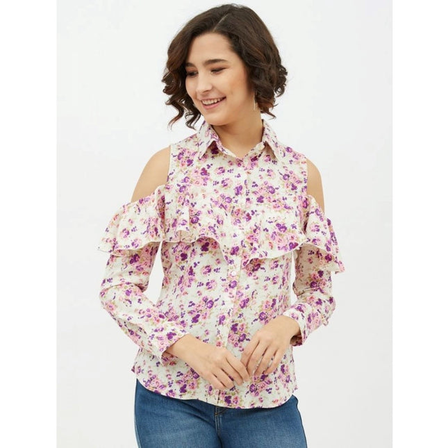 Women's Polyester Floral Cold Shoulder Standard Length Shirt (White)