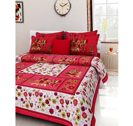 Cotton Printed Queen Size Bedsheet With 2 Pillow Covers (Red, 90x100 Inch)