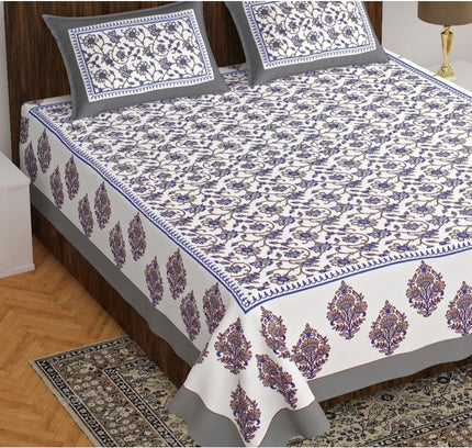 Cotton Printed Queen Size Bedsheet With 2 Pillow Covers (White, 90x100 Inch)