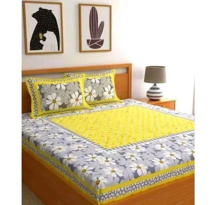 Cotton Printed Queen Size Bedsheet With 2 Pillow Covers (Yellow, 90x100 Inch)