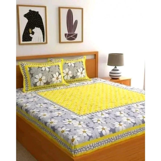 Cotton Printed Queen Size Bedsheet With 2 Pillow Covers (Yellow, 90x100 Inch)