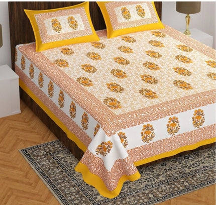 Cotton Printed Queen Size Bedsheet With 2 Pillow Covers (Yellow, 90x100 Inch)