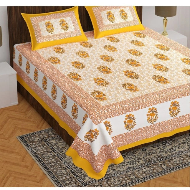 Cotton Printed Queen Size Bedsheet With 2 Pillow Covers (Yellow, 90x100 Inch)