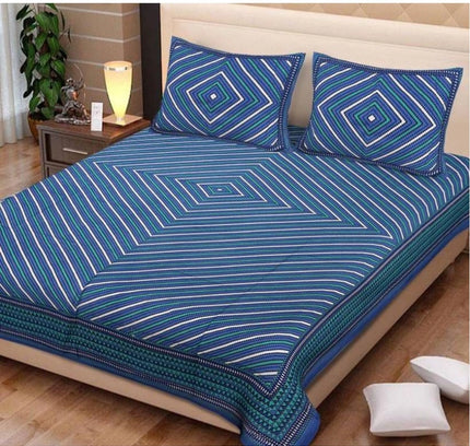 Cotton Printed Queen Size Bedsheet With 2 Pillow Covers (Blue, 90x100 Inch)