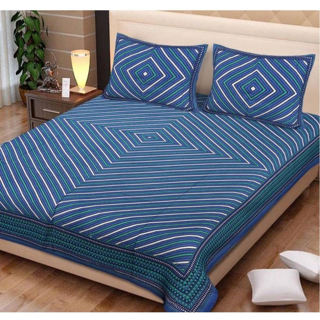 Cotton Printed Queen Size Bedsheet With 2 Pillow Covers (Blue, 90x100 Inch)