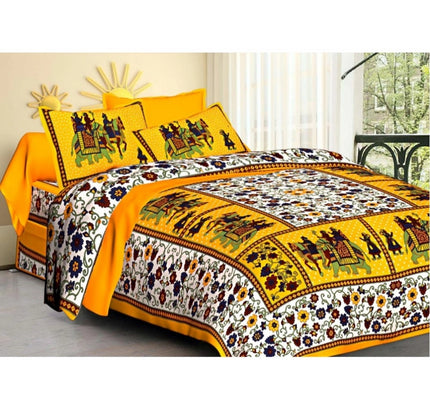 Cotton Printed Queen Size Bedsheet With 2 Pillow Covers (Yellow, 90x100 Inch)
