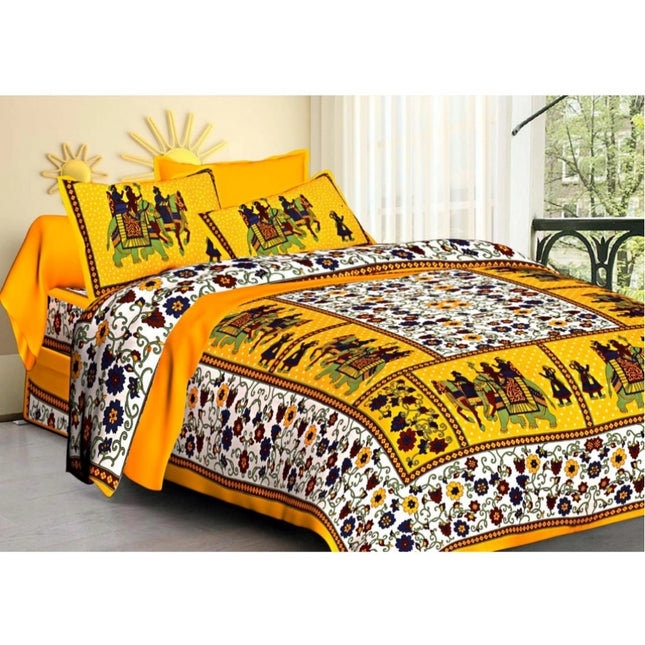 Cotton Printed Queen Size Bedsheet With 2 Pillow Covers (Yellow, 90x100 Inch)