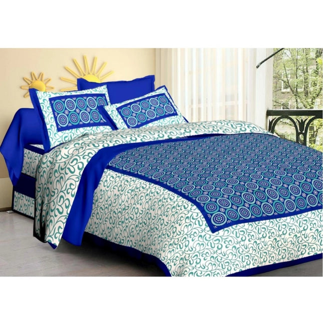 Cotton Printed Queen Size Bedsheet With 2 Pillow Covers (Blue, 90x100 Inch)