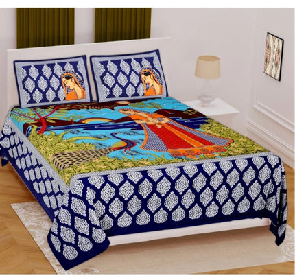 Cotton Printed Queen Size Bedsheet With 2 Pillow Covers (Blue, 90x100 Inch)
