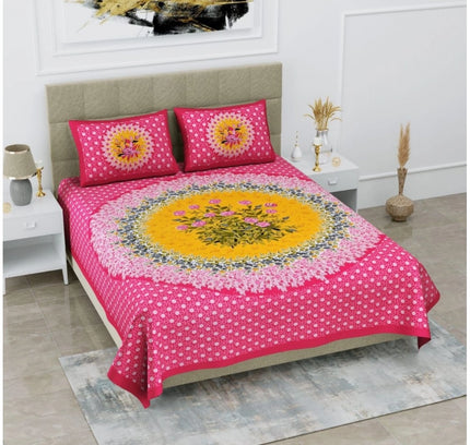 Cotton Printed Queen Size Bedsheet With 2 Pillow Covers (Pink, 90x100 Inch)