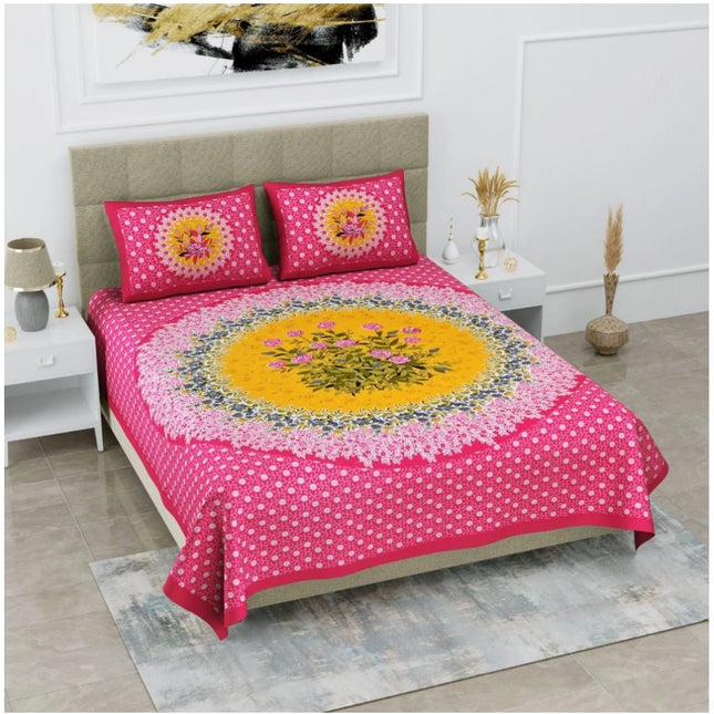Cotton Printed Queen Size Bedsheet With 2 Pillow Covers (Pink, 90x100 Inch)