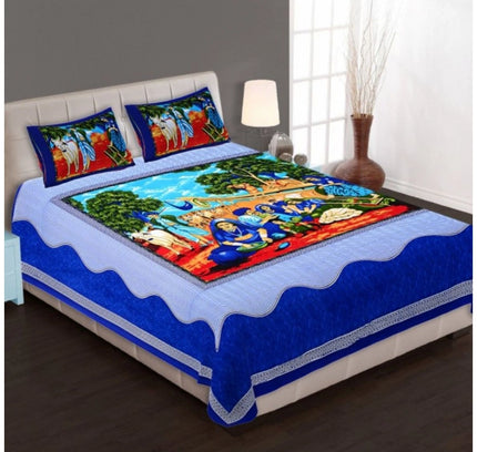 Cotton Printed Queen Size Bedsheet With 2 Pillow Covers (Blue, 90x100 Inch)