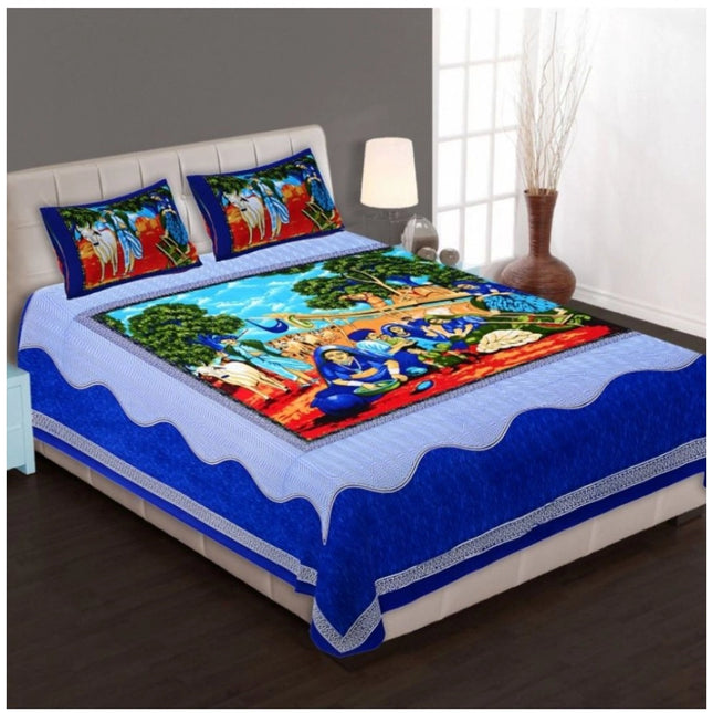 Cotton Printed Queen Size Bedsheet With 2 Pillow Covers (Blue, 90x100 Inch)