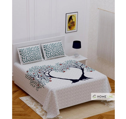 Cotton Printed Queen Size Bedsheet With 2 Pillow Covers (White, 90x100 Inch)