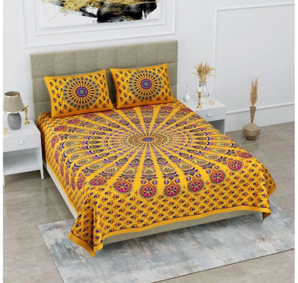 Cotton Printed Queen Size Bedsheet With 2 Pillow Covers (Yellow, 90x100 Inch)