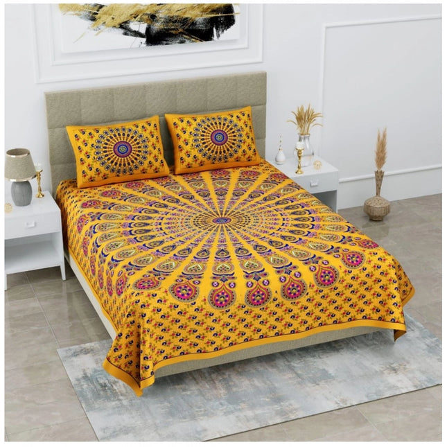 Cotton Printed Queen Size Bedsheet With 2 Pillow Covers (Yellow, 90x100 Inch)