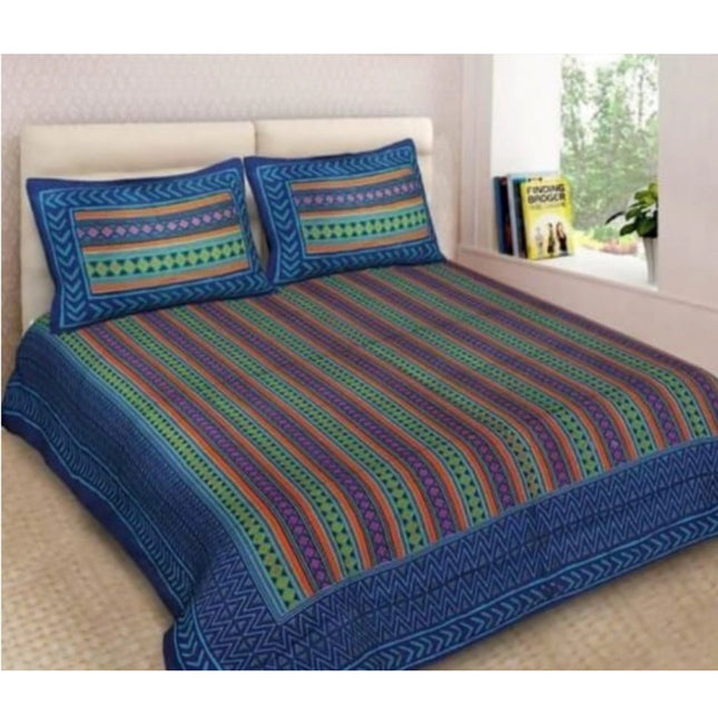 Cotton Printed Queen Size Bedsheet With 2 Pillow Covers (Blue, 90x100 Inch)