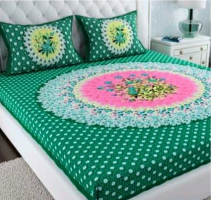 Cotton Printed Queen Size Bedsheet With 2 Pillow Covers (Green, 90x100 Inch)