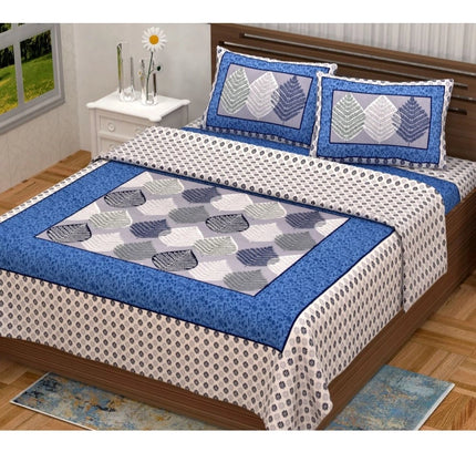 Cotton Printed Queen Size Bedsheet With 2 Pillow Covers (Blue, 90x100 Inch)