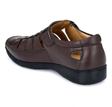 Men's Casual Faux Leather Solid Velcro Sandal (Brown)