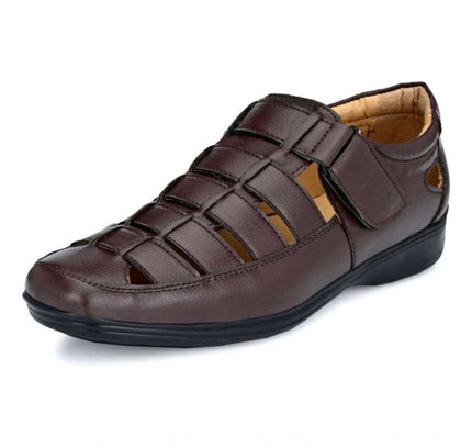 Men's Casual Faux Leather Solid Velcro Sandal (Brown)