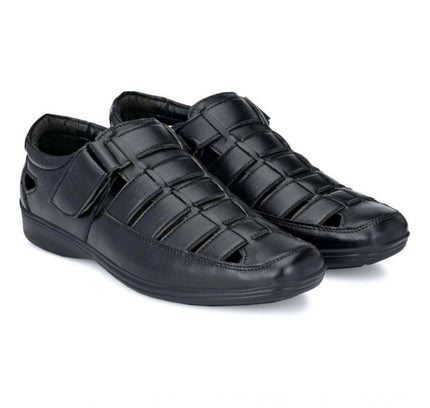 Men's Casual Faux Leather Solid Velcro Sandal (Black)
