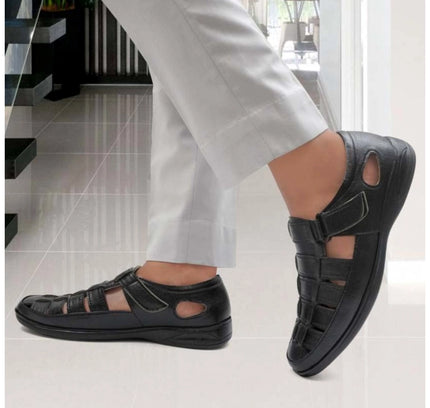 Men's Casual Faux Leather Solid Velcro Sandal (Black)