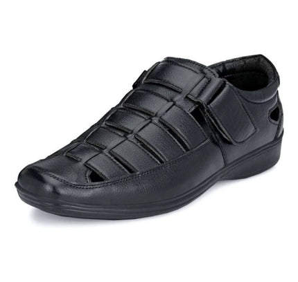 Men's Casual Faux Leather Solid Velcro Sandal (Black)