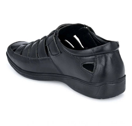 Men's Casual Faux Leather Solid Velcro Sandal (Black)
