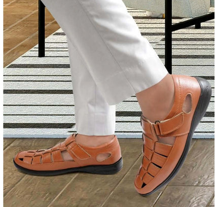 Men's Casual Faux Leather Solid Velcro Sandal (Tan)