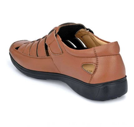 Men's Casual Faux Leather Solid Velcro Sandal (Tan)