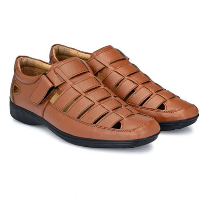 Men's Casual Faux Leather Solid Velcro Sandal (Tan)