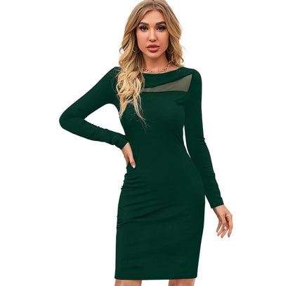 Women's Knitting stretchable Solid Round Neck Full Sleeve Dress (Green )