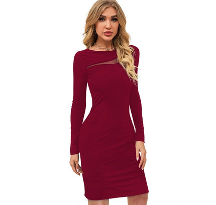 Women's Knitting stretchable Solid Round Neck Full Sleeve Dress (Maroon)