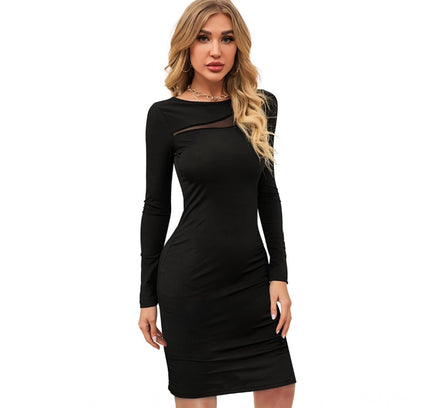 Women's Knitting stretchable Solid Round Neck Full Sleeve Dress (Black)