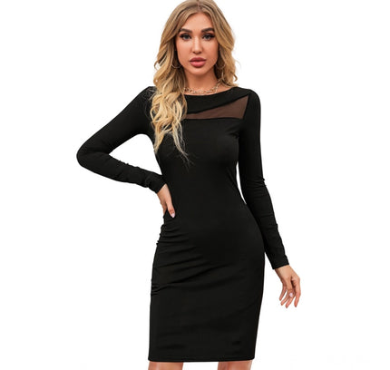 Women's Knitting stretchable Solid Round Neck Full Sleeve Dress (Black)