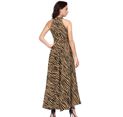 Women's Polyester Zebra Pattern Halter Neck Sleeveless Dress (Yellow)