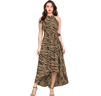 Women's Polyester Zebra Pattern Halter Neck Sleeveless Dress (Yellow)