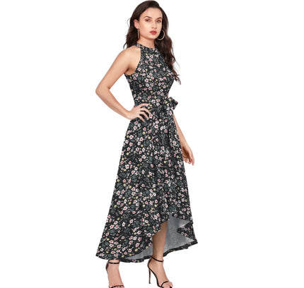 Women's Polyester Printed Halter Neck Sleeveless Dress (Black)