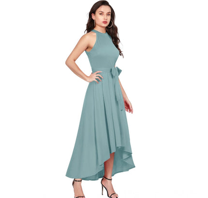 Women's Polyester Solid Halter Neck Sleeveless Dress (Pista)