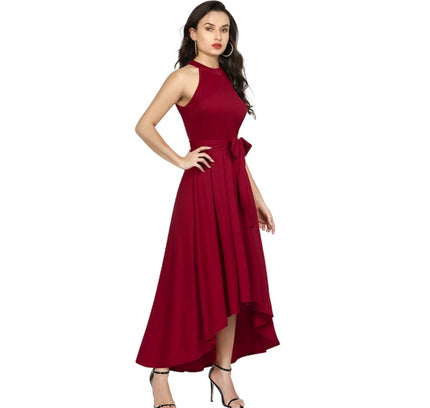 Women's Polyster Solid Halter Neck Sleeveless Dress (Maroon)