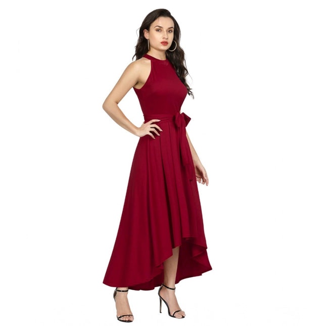 Women's Polyster Solid Halter Neck Sleeveless Dress (Maroon)
