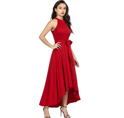 Women's Polyster Solid Halter Neck Sleeveless Dress (Red)