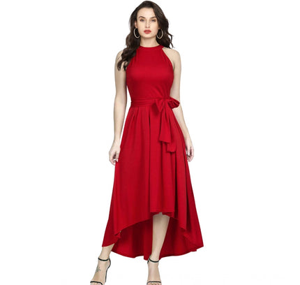Women's Polyster Solid Halter Neck Sleeveless Dress (Red)