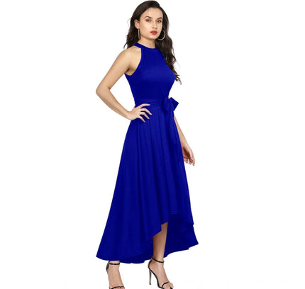 Women's Polyster Solid Halter Neck Sleeveless Dress (Royal Blue)