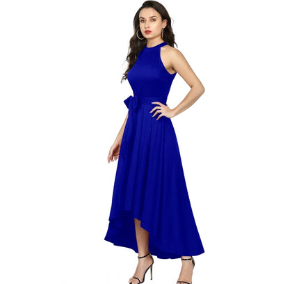 Women's Polyster Solid Halter Neck Sleeveless Dress (Royal Blue)