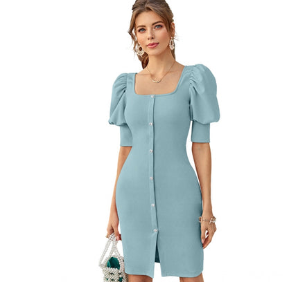 Women's Knitting stretchable Solid Square Neck 3-4 Puff Sleeve Dress (Pista)