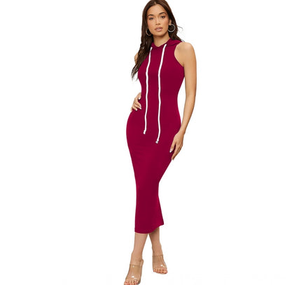 Women's Knitting stretchable Solid Round Neck Sleeveless Dress (Maroon)